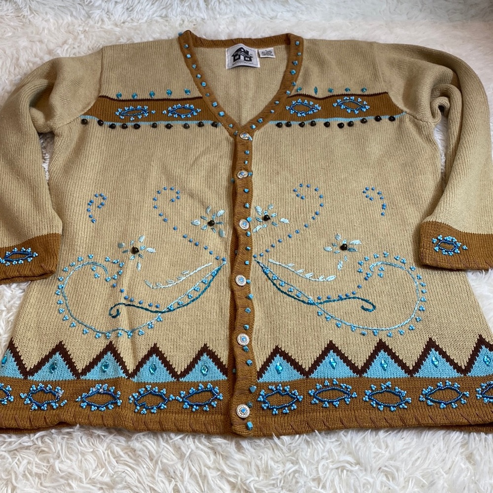 Vintage Storybook Knits Beaded Aztec Cardigan Sweater-Large-NWOT-Western-Boho